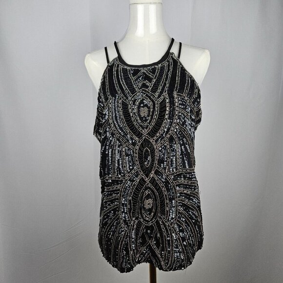 Parker Zane Fully Beaded Black Gold Sequin Silk Halter Tank Top Large - Picture 2 of 14